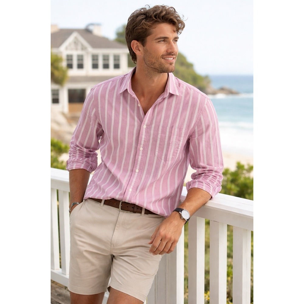 Nautica Pink White Stripe Shirt L Cotton Button Down Preppy Coastal Classic Mens
